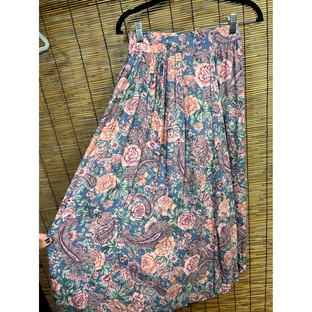 Paris Sport Club Size S Vintage 90s Pleated Maxi Skirt Blue Pink Floral Paisley